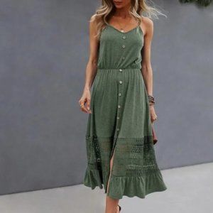 Green Lace Buttons detail Ruffle Hem Cami Dress